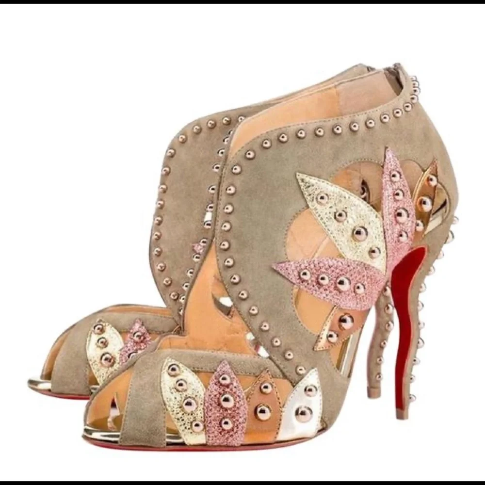 Christian louboutin venecage suede taupe pink studded peep toe sz 38.5